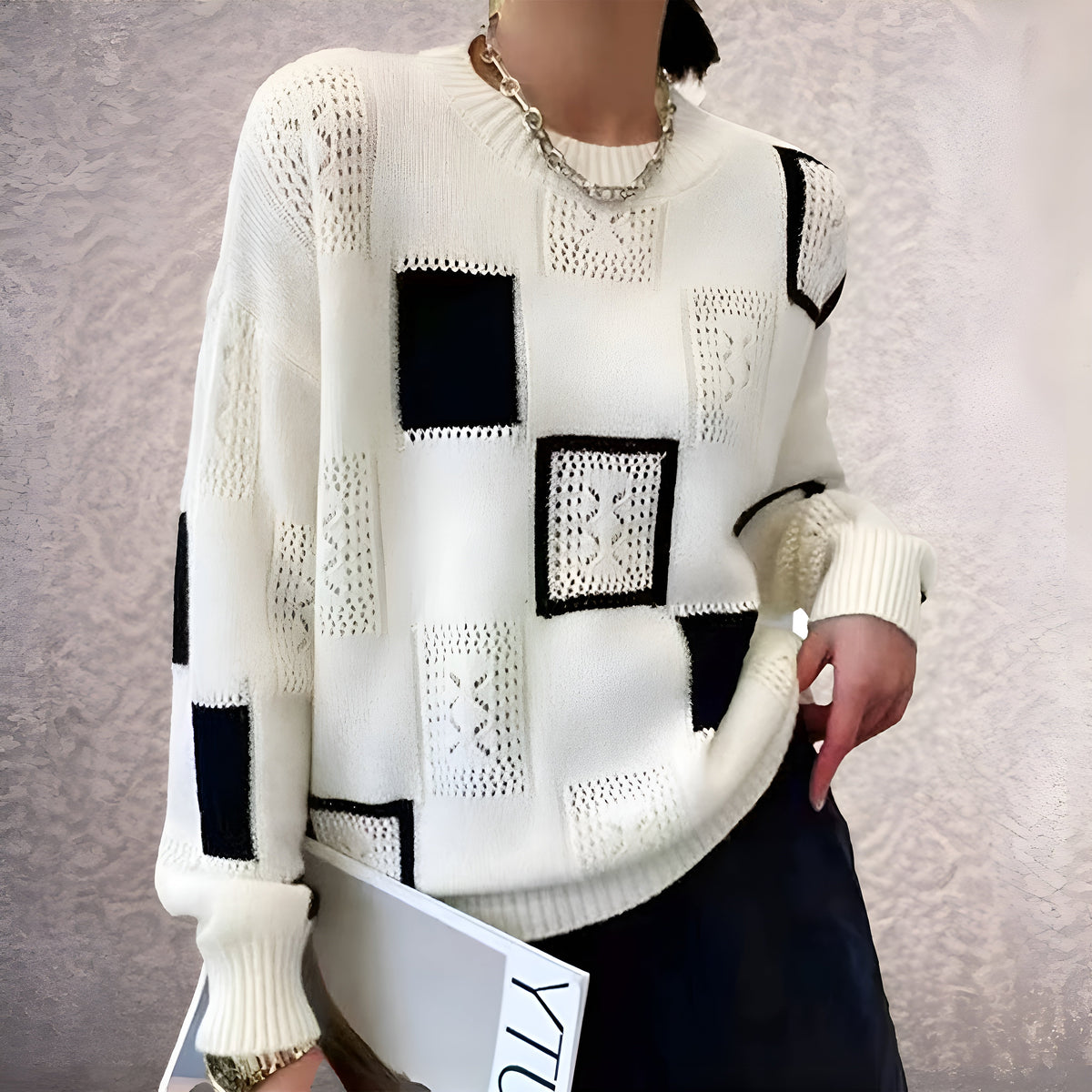 Knit Jumper White Black Geometric Patchwork Women's Long Sleeve – Casual, Office