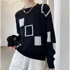 Knit Jumper White Black Geometric Patchwork Women's Long Sleeve – Casual, Office