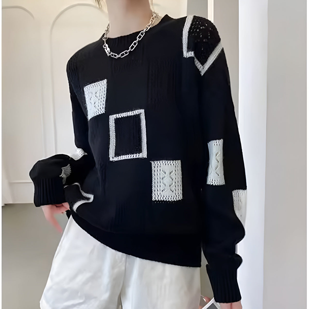 Knit Jumper White Black Geometric Patchwork Women's Long Sleeve – Casual, Office