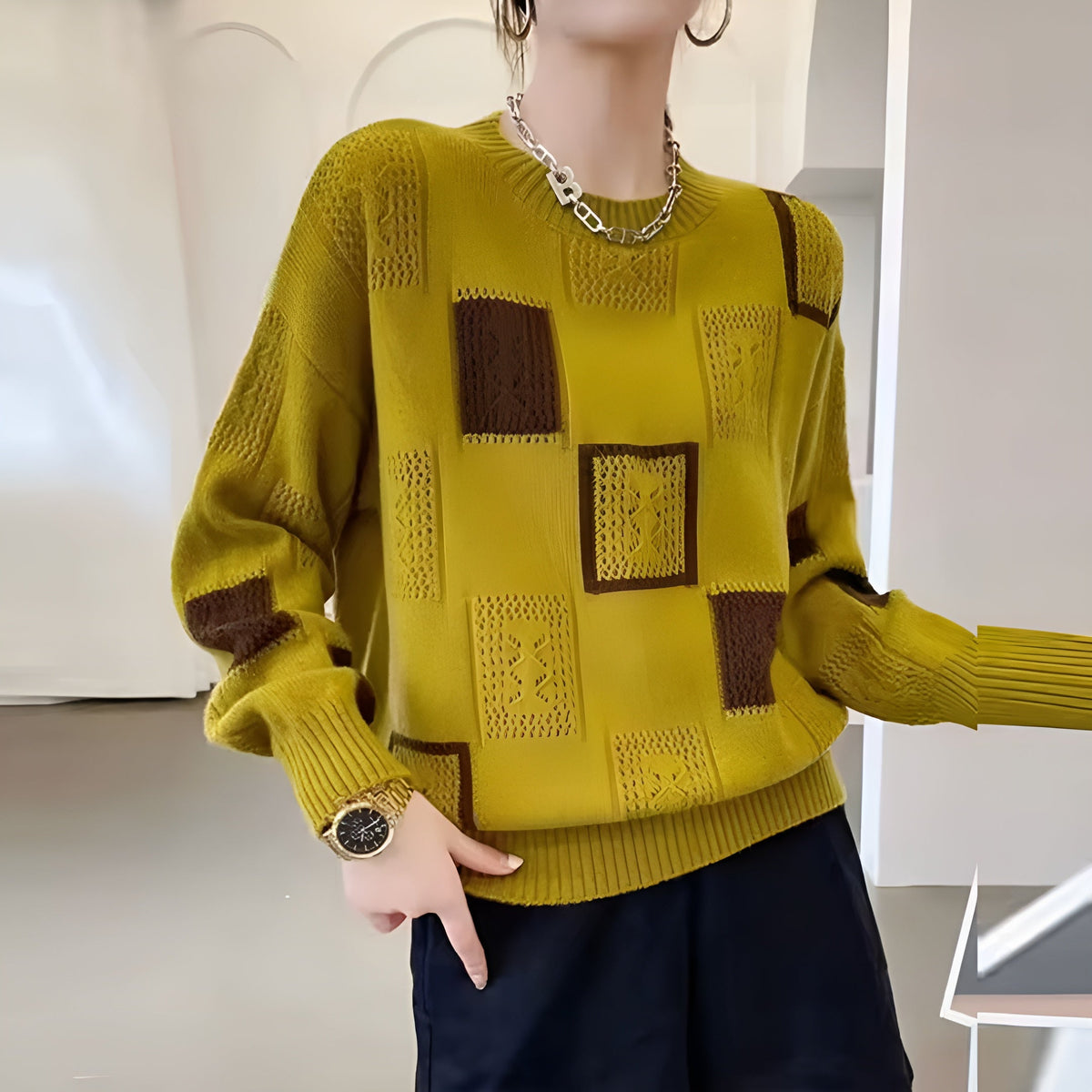 Knit Jumper White Black Geometric Patchwork Women's Long Sleeve – Casual, Office