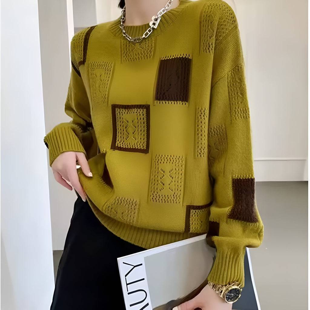 Knit Jumper White Black Geometric Patchwork Women's Long Sleeve – Casual, Office