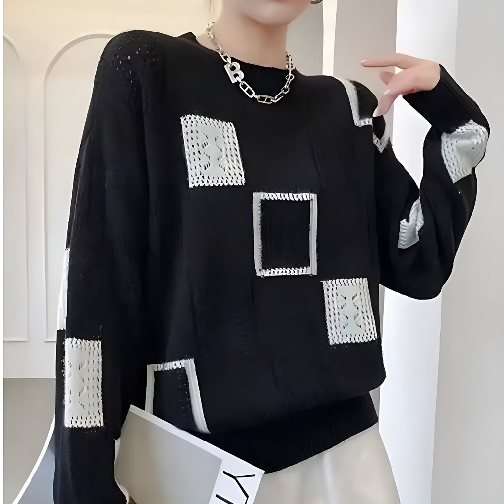 Knit Jumper White Black Geometric Patchwork Women's Long Sleeve – Casual, Office