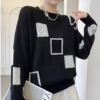 Knit Jumper White Black Geometric Patchwork Women's Long Sleeve – Casual, Office