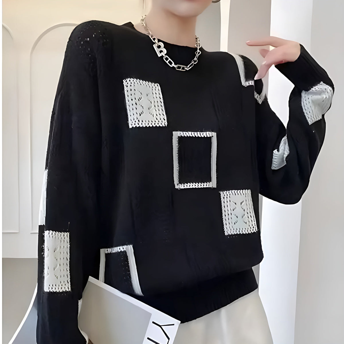 Knit Jumper White Black Geometric Patchwork Women's Long Sleeve – Casual, Office