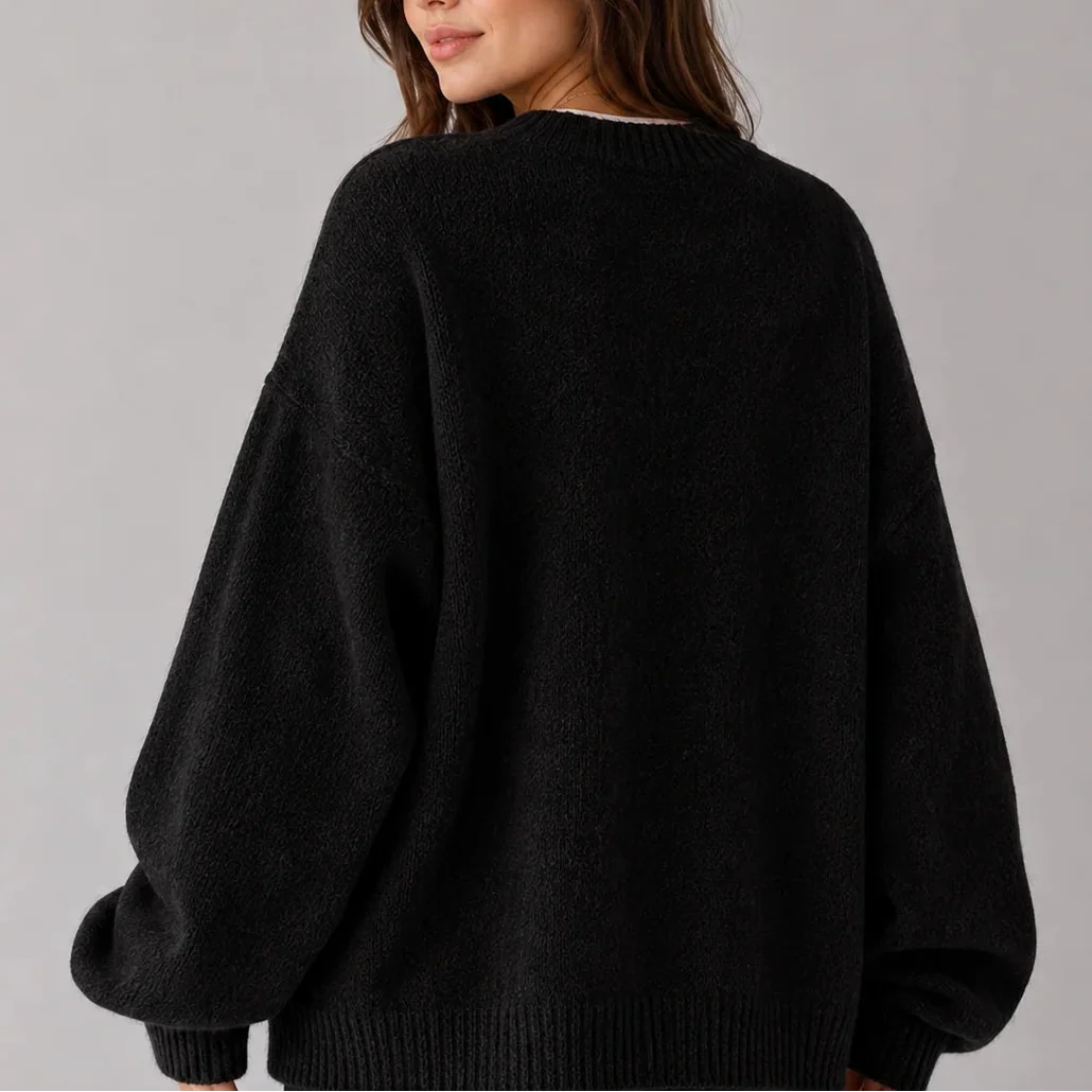 Knit Jumper Women's Oversized Black Crew Neck Balloon Sleeve Sweater – Casual, Office, Holiday, Gift