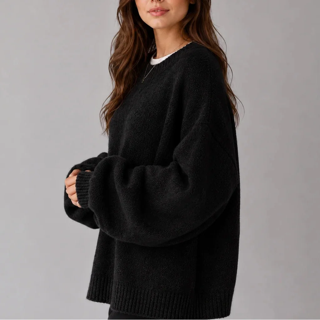 Knit Jumper Women's Oversized Black Crew Neck Balloon Sleeve Sweater – Casual, Office, Holiday, Gift