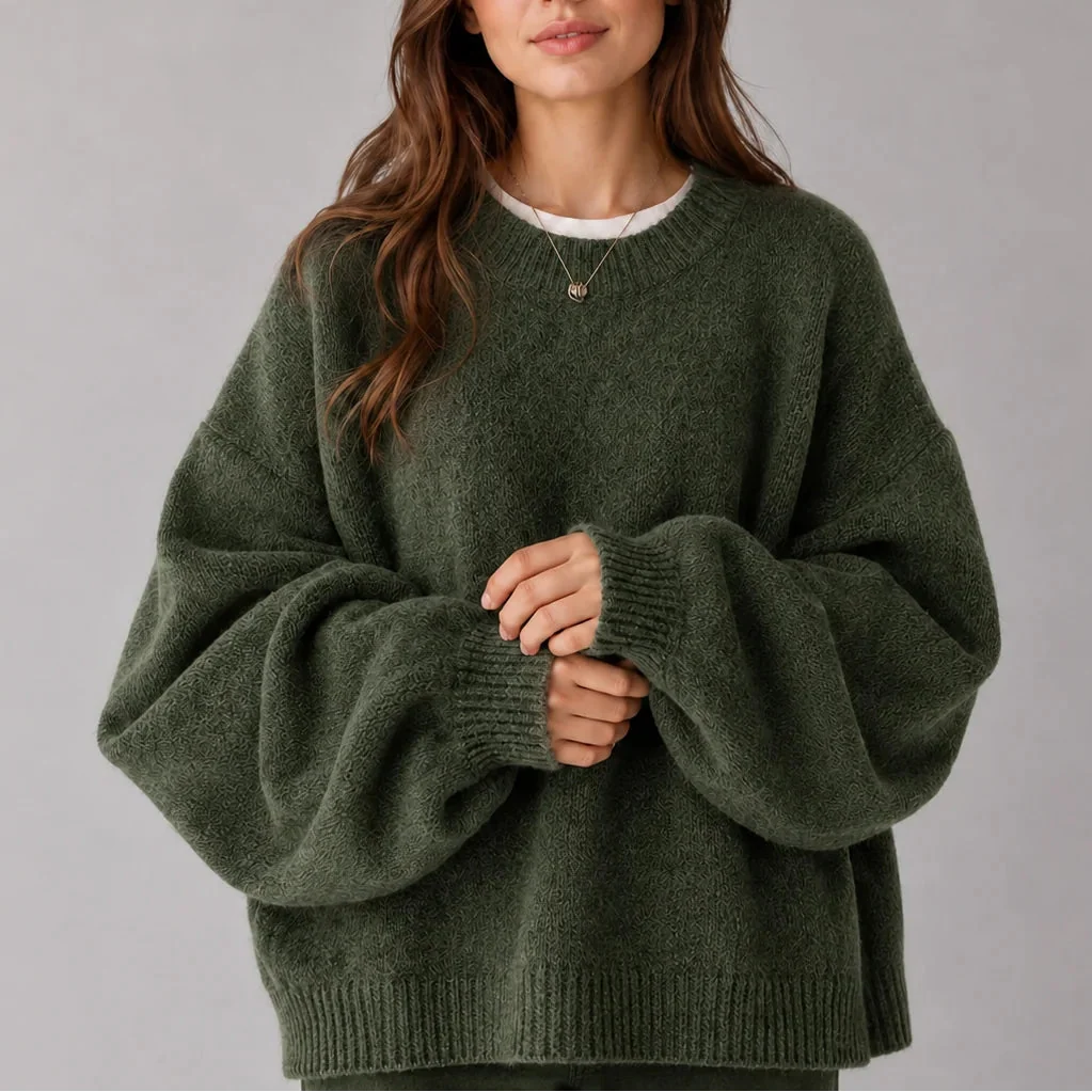 Knit Jumper Women's Oversized Black Crew Neck Balloon Sleeve Sweater – Casual, Office, Holiday, Gift