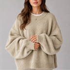 Knit Jumper Women's Oversized Black Crew Neck Balloon Sleeve Sweater – Casual, Office, Holiday, Gift