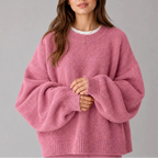 Knit Jumper Women's Oversized Black Crew Neck Balloon Sleeve Sweater – Casual, Office, Holiday, Gift
