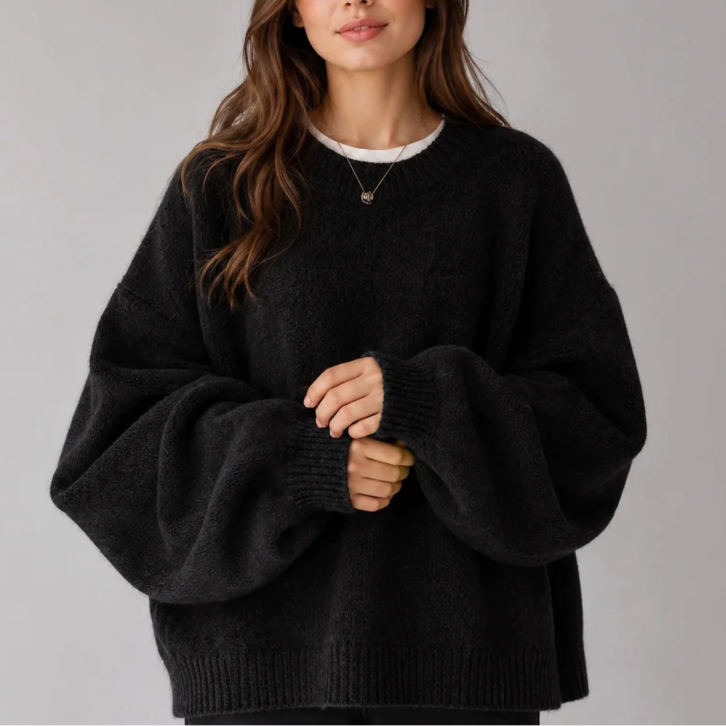 Knit Jumper Women's Oversized Black Crew Neck Balloon Sleeve Sweater – Casual, Office, Holiday, Gift