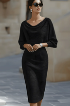 Knit Midi Dress Navy Cowl Neck Batwing Sleeve Women's – Office, Casual · Werune