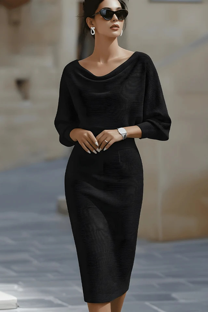 Knit Midi Dress Navy Cowl Neck Batwing Sleeve Women's – Office, Casual · Werune