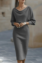 Knit Midi Dress Navy Cowl Neck Batwing Sleeve Women's – Office, Casual · Werune