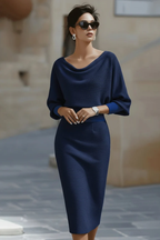 Knit Midi Dress Navy Cowl Neck Batwing Sleeve Women's – Office, Casual · Werune