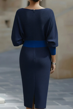 Knit Midi Dress Navy Cowl Neck Batwing Sleeve Women's – Office, Casual · Werune