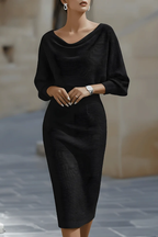 Knit Midi Dress Navy Cowl Neck Batwing Sleeve Women's – Office, Casual · Werune
