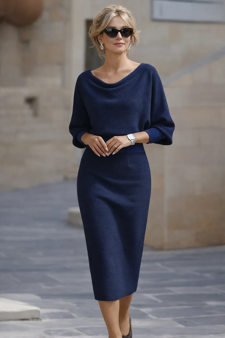 Knit Midi Dress Navy Cowl Neck Batwing Sleeve Women's – Office, Casual · Werune