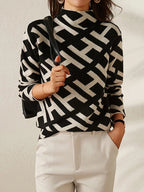 Knit Mock Neck Jumper Geometric Print Women's Long Sleeve Turtleneck – Office, Casual, Winter Gift