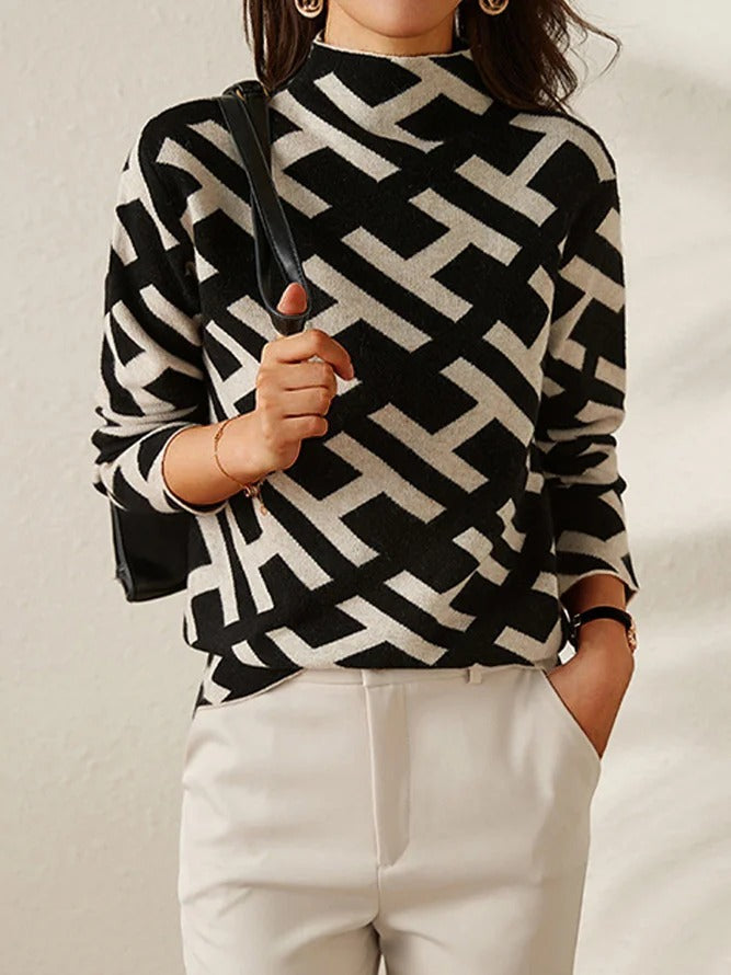 Knit Mock Neck Jumper Geometric Print Women's Long Sleeve Turtleneck – Office, Casual, Winter Gift