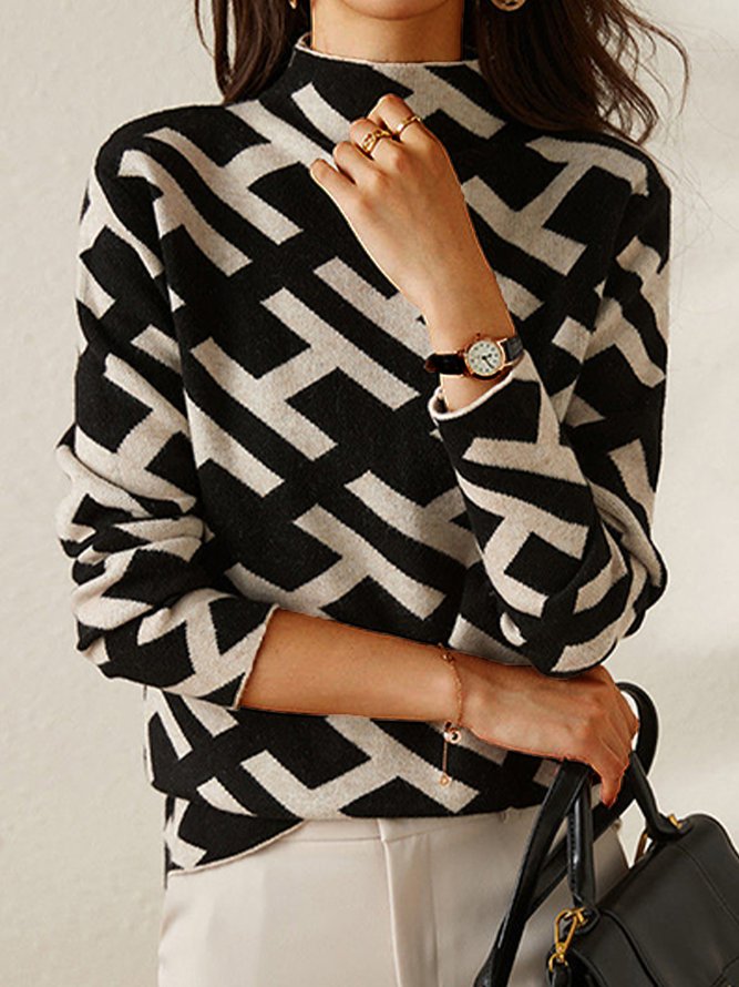 Knit Mock Neck Jumper Geometric Print Women's Long Sleeve Turtleneck – Office, Casual, Winter Gift