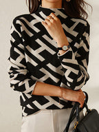 Knit Mock Neck Jumper Geometric Print Women's Long Sleeve Turtleneck – Office, Casual, Winter Gift
