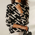Knit Mock Neck Jumper Geometric Print Women's Long Sleeve Turtleneck – Office, Casual, Winter Gift