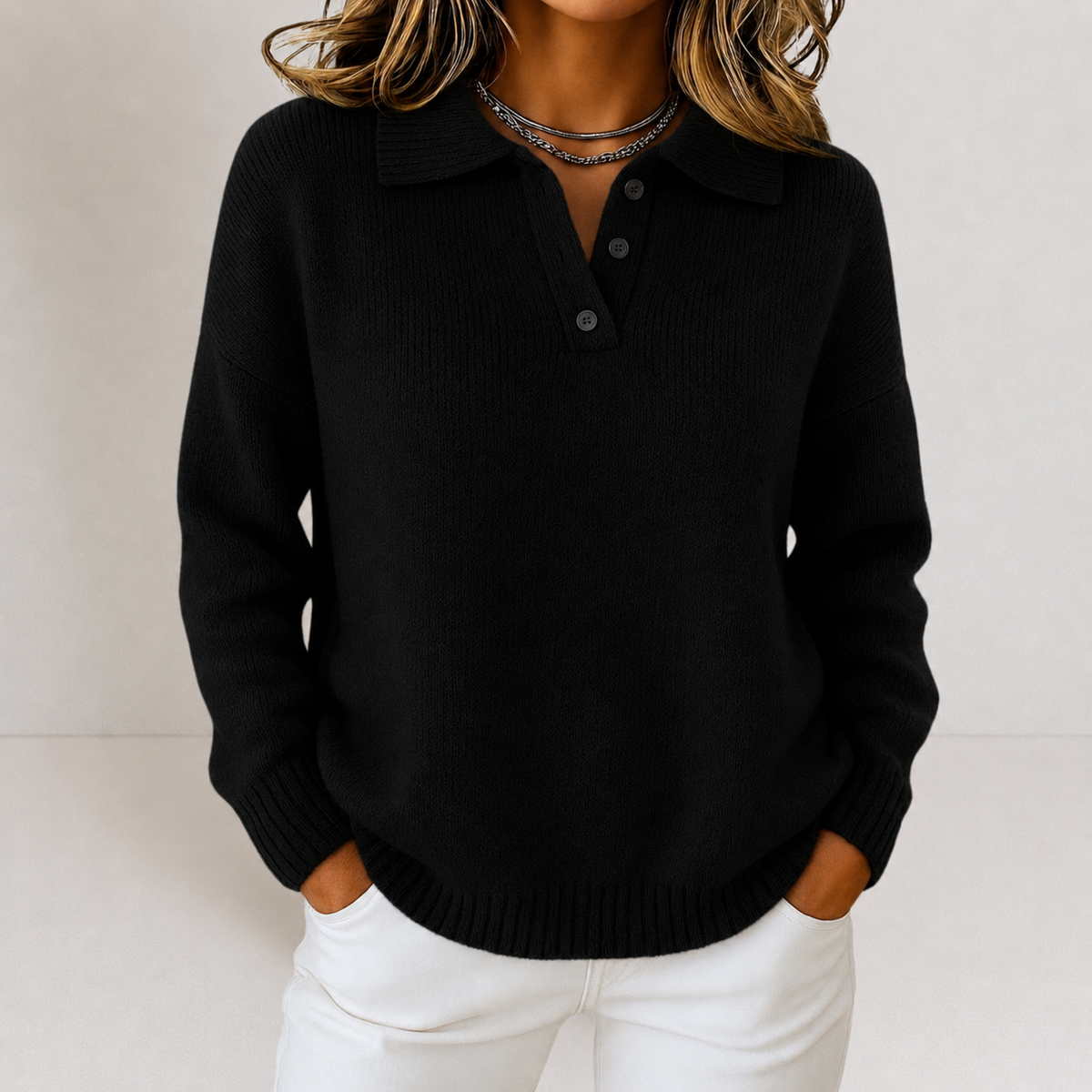 Knit Polo Collar Sweater Women's Long Sleeve Button Jumper – Casual, Office, Autumn Layering