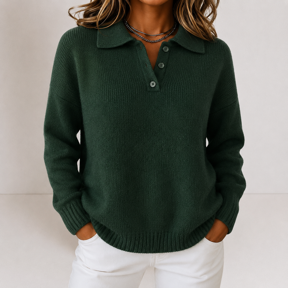 Knit Polo Collar Sweater Women's Long Sleeve Button Jumper – Casual, Office, Autumn Layering