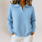 Knit Polo Collar Sweater Women's Long Sleeve Button Jumper – Casual, Office, Autumn Layering