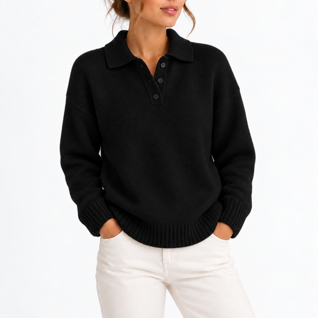 Knit Polo Sweater Women's Cream Collared Button Placket – Casual, Office, Holiday, Gift