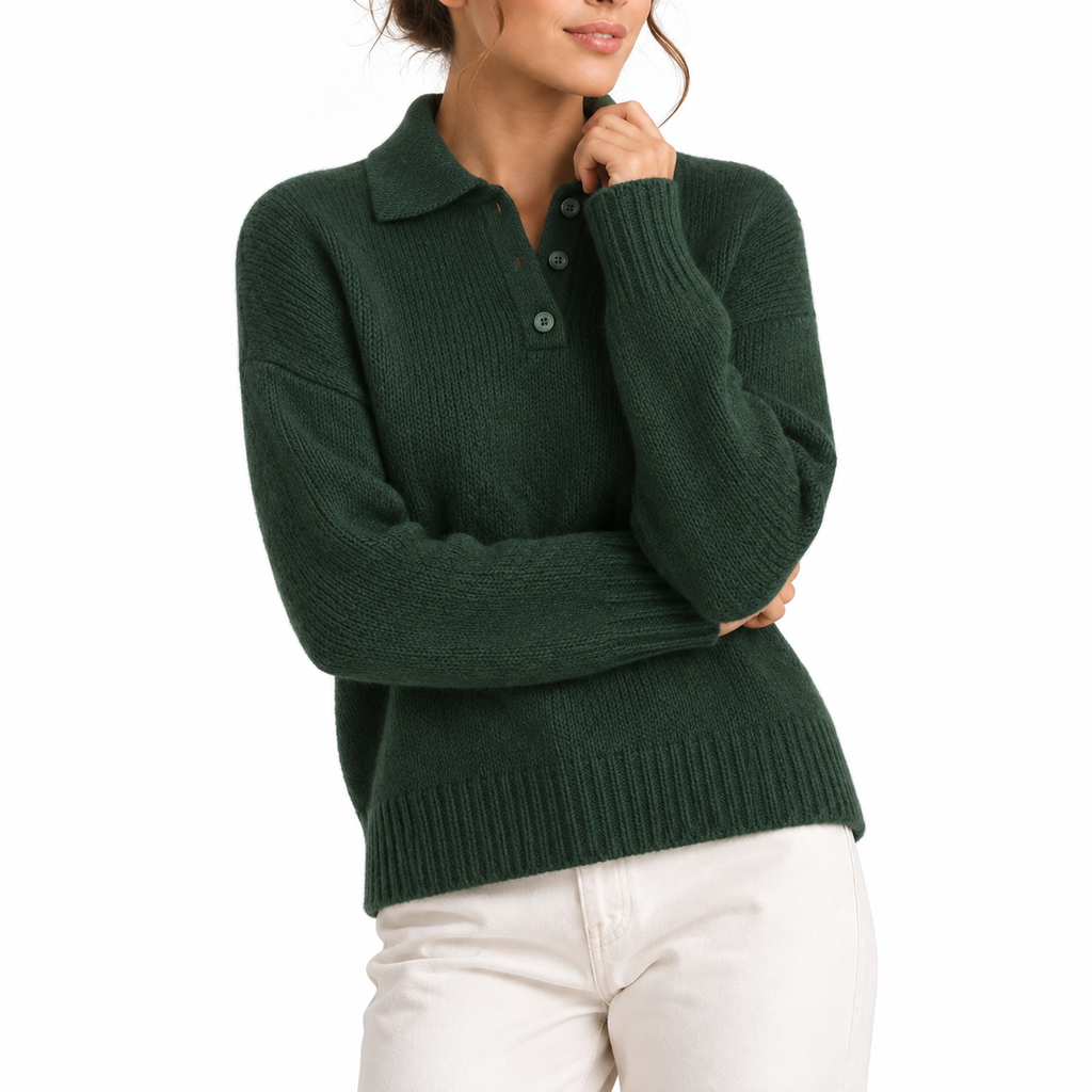 Knit Polo Sweater Women's Cream Collared Button Placket – Casual, Office, Holiday, Gift