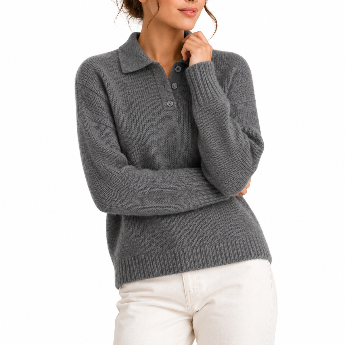 Knit Polo Sweater Women's Cream Collared Button Placket – Casual, Office, Holiday, Gift