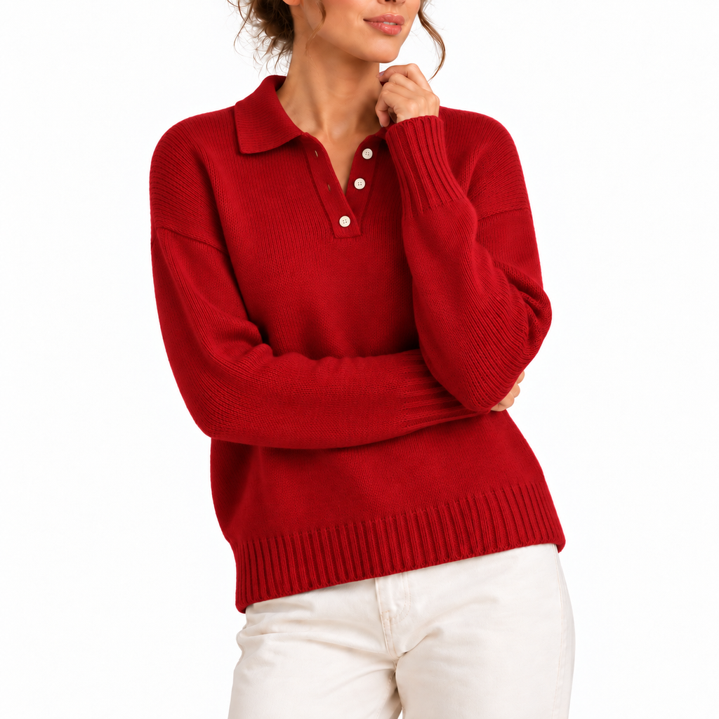 Knit Polo Sweater Women's Cream Collared Button Placket – Casual, Office, Holiday, Gift