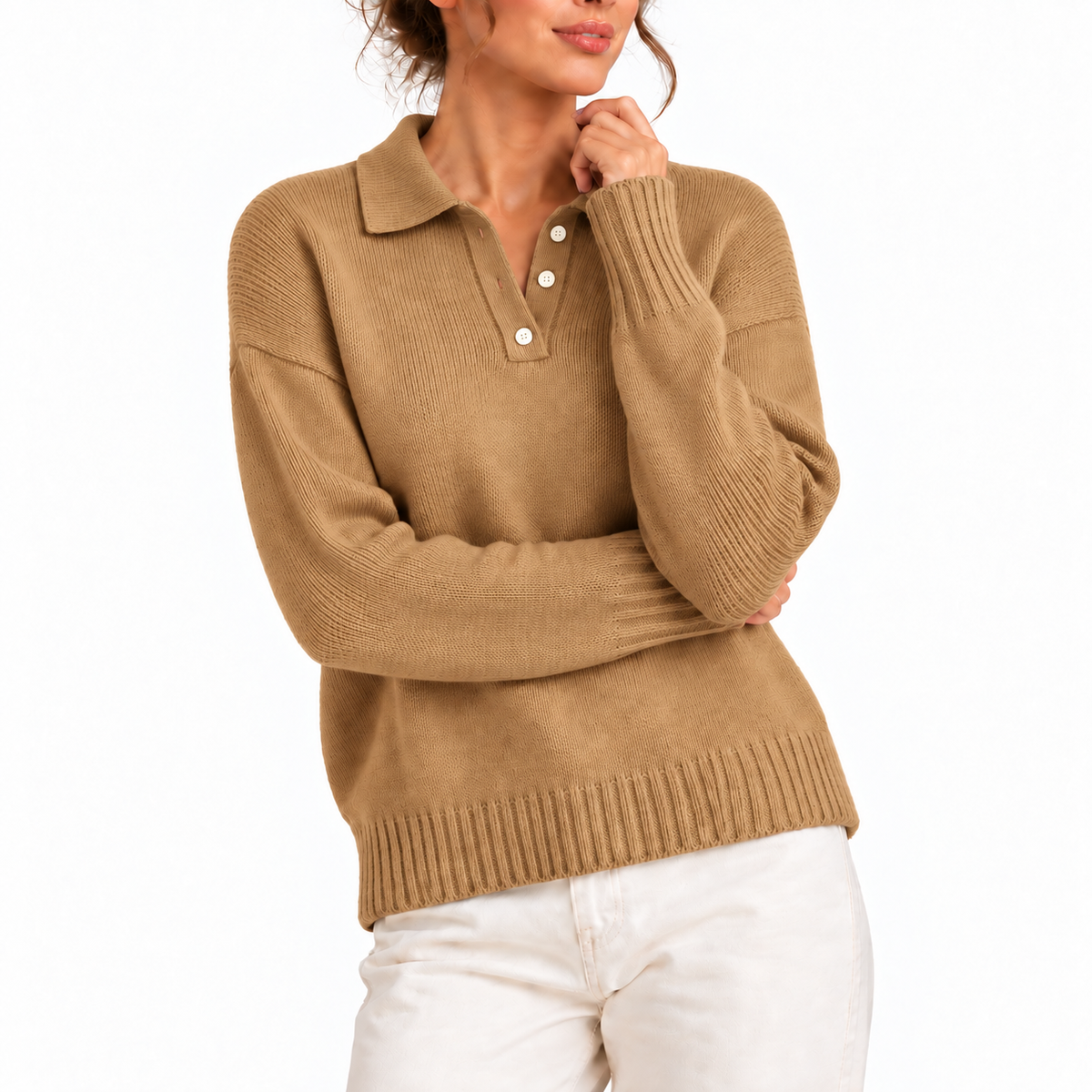 Knit Polo Sweater Women's Cream Collared Button Placket – Casual, Office, Holiday, Gift