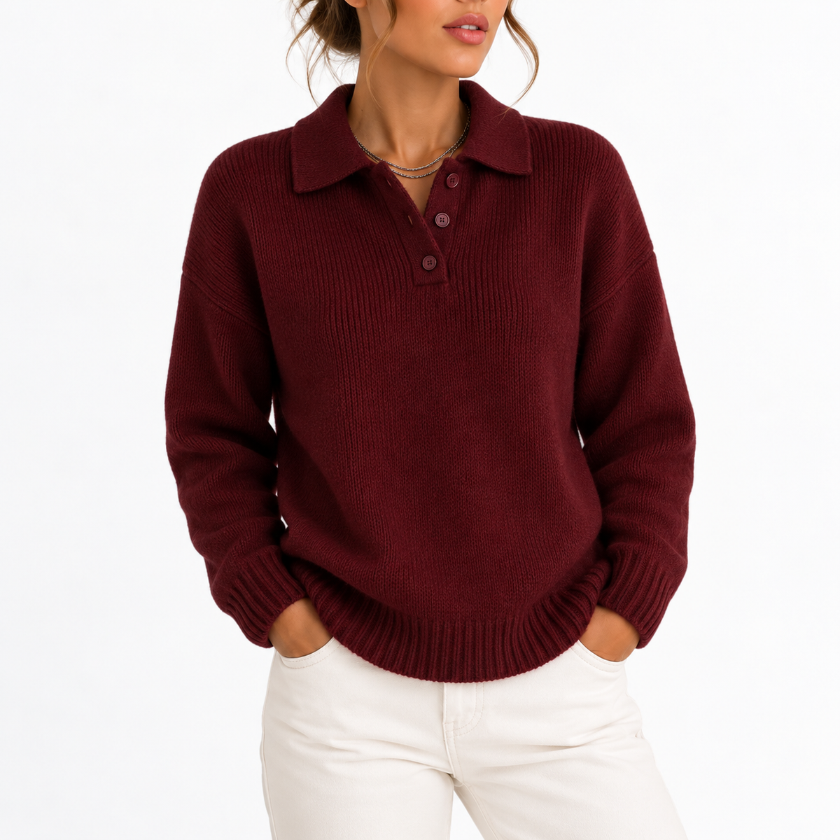 Knit Polo Sweater Women's Cream Collared Button Placket – Casual, Office, Holiday, Gift