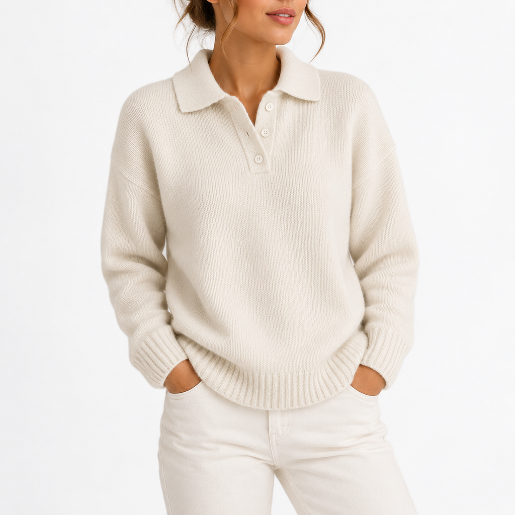 Knit Polo Sweater Women's Cream Collared Button Placket – Casual, Office, Holiday, Gift