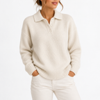 Knit Polo Sweater Women's Cream Collared Button Placket – Casual, Office, Holiday, Gift
