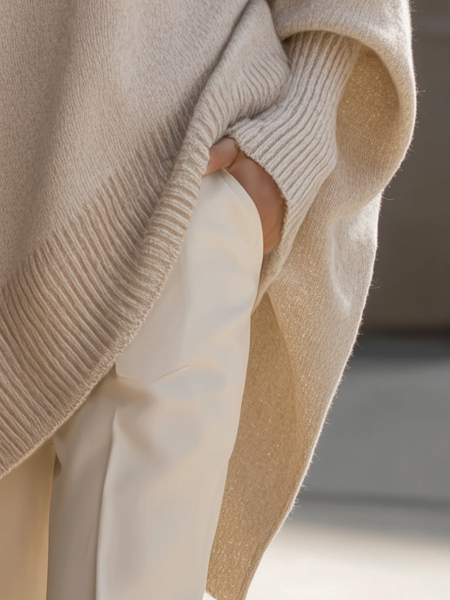 Knit Poncho Sweater Wool Blend Cream Women's Oversized Batwing Sleeve – Casual, Office