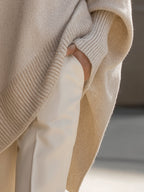 Knit Poncho Sweater Wool Blend Cream Women's Oversized Batwing Sleeve – Casual, Office