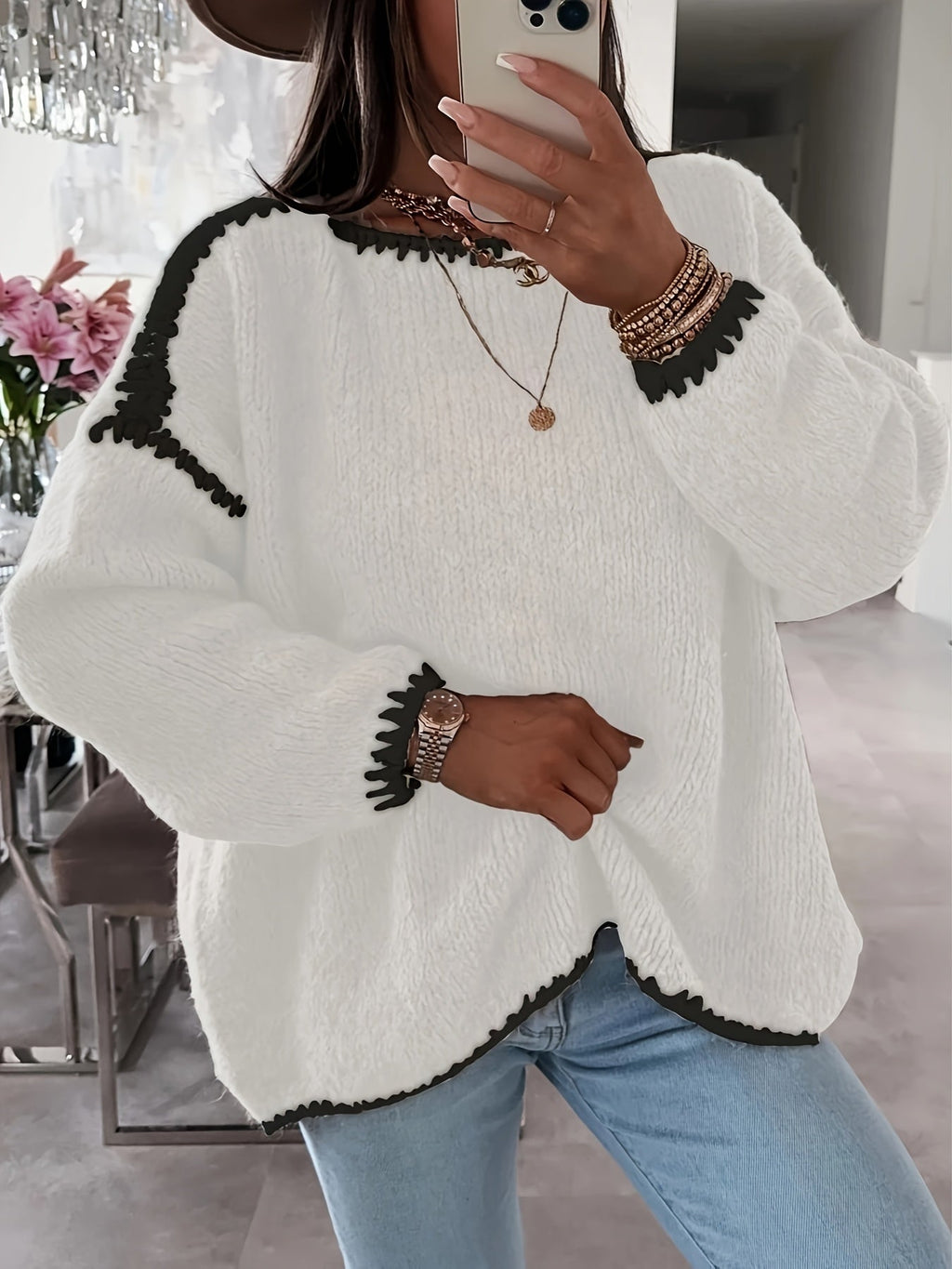 Knit Sweater Boat Neck Oversized Women's Long Sleeve Jumper – Casual, Office · Werune