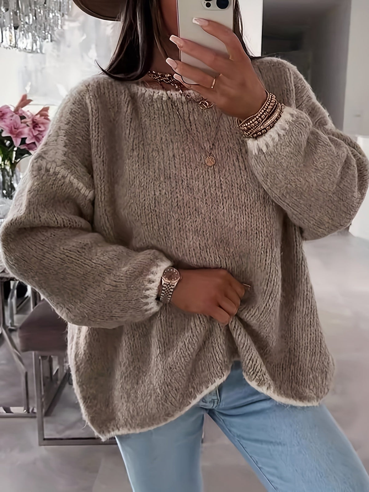 Knit Sweater Boat Neck Oversized Women's Long Sleeve Jumper – Casual, Office · Werune