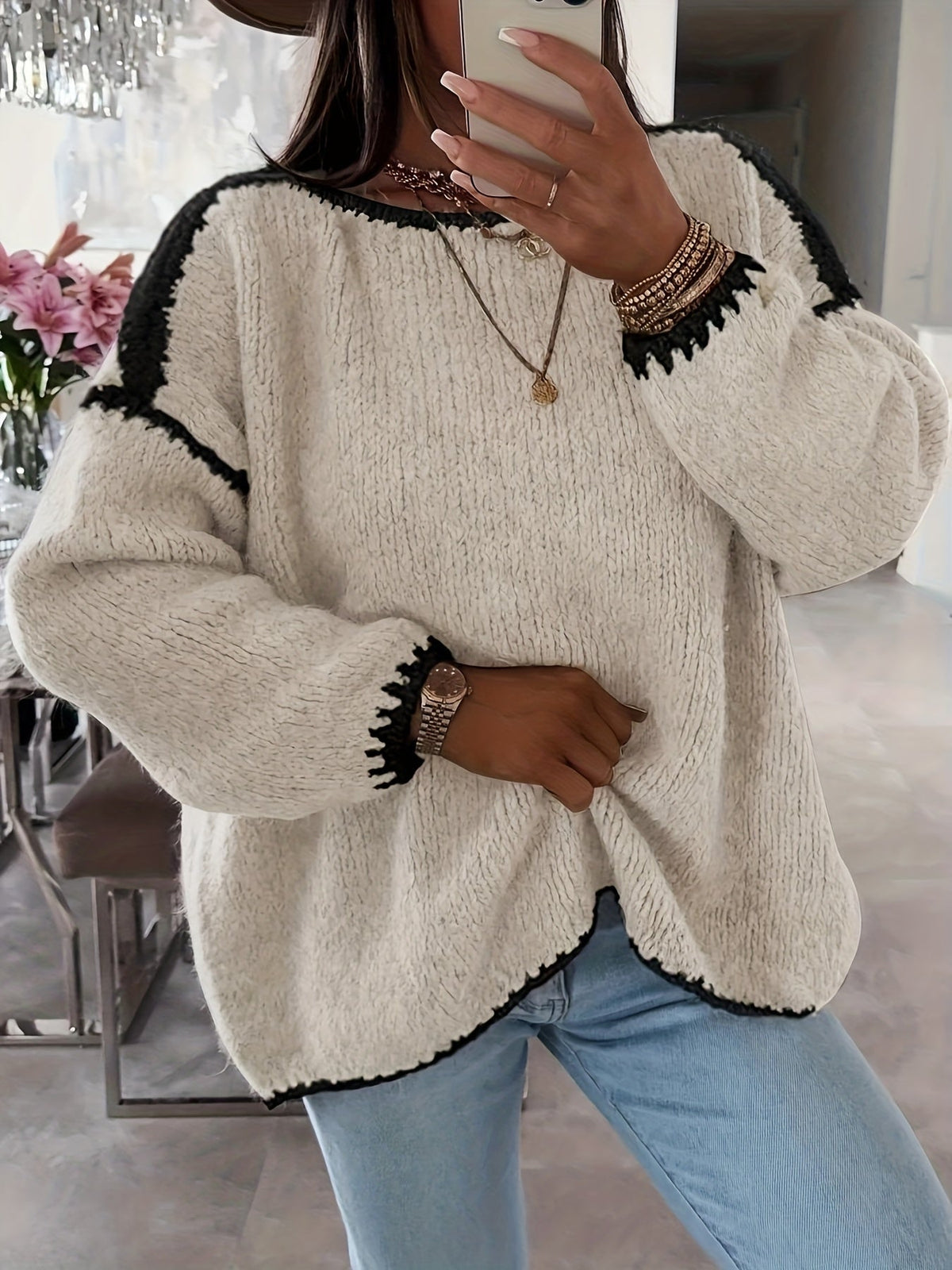 Knit Sweater Boat Neck Oversized Women's Long Sleeve Jumper – Casual, Office · Werune