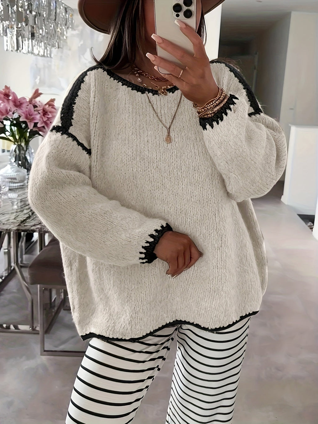 Knit Sweater Boat Neck Oversized Women's Long Sleeve Jumper – Casual, Office · Werune