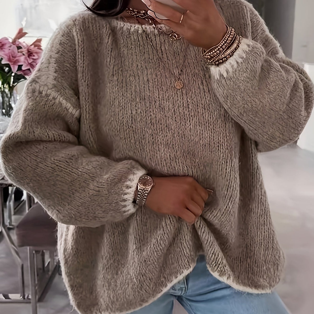 Knit Sweater Boat Neck Oversized Women's Long Sleeve Jumper – Casual, Office · Werune
