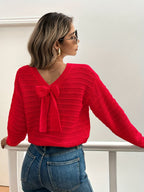 Knit Sweater Women's Bow-Detail V-Neck Long Sleeve Jumper – Casual, Office, Autumn Layering Gift