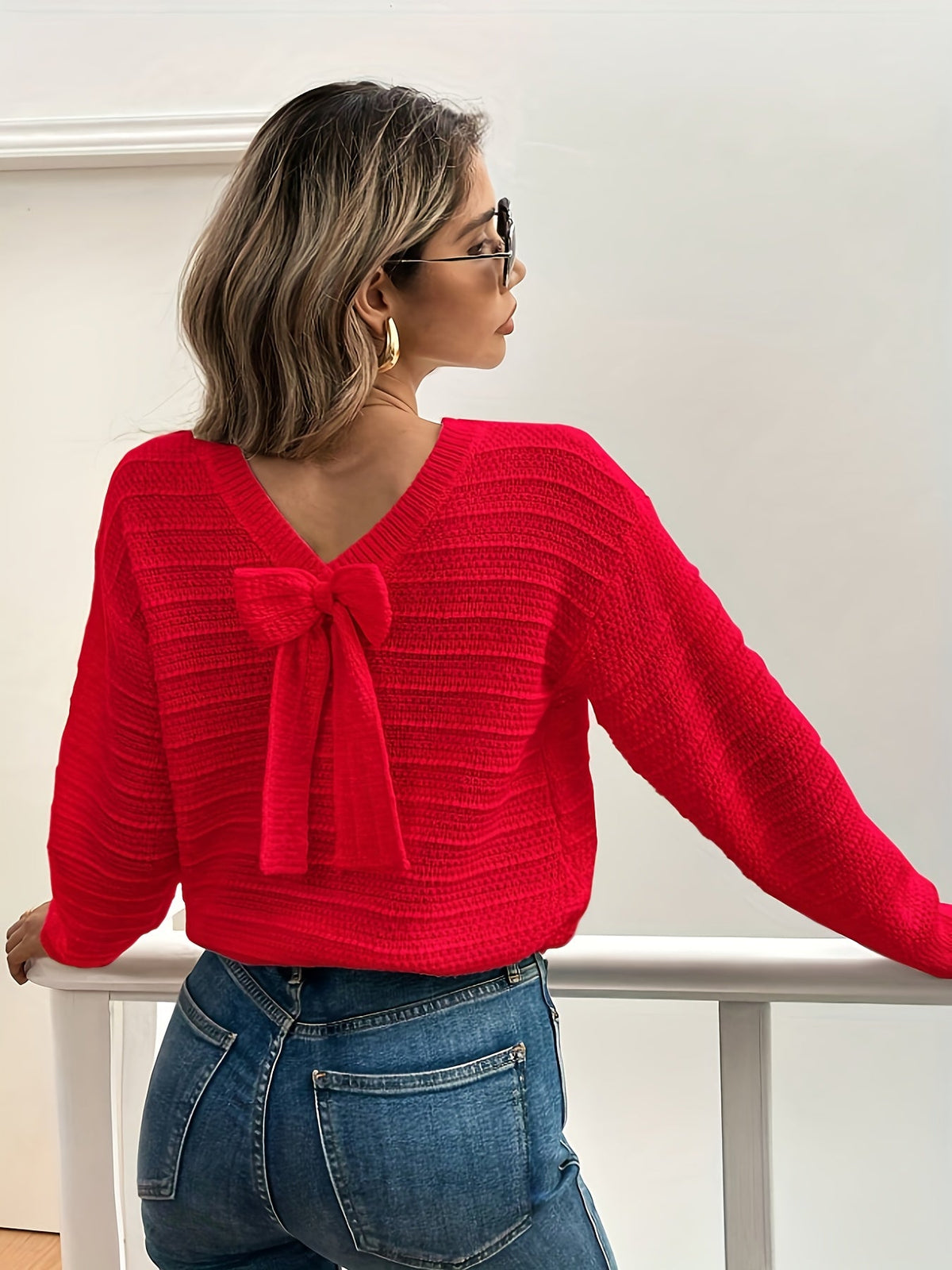 Knit Sweater Women's Bow-Detail V-Neck Long Sleeve Jumper – Casual, Office, Autumn Layering Gift