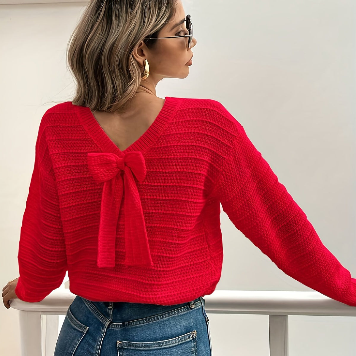 Knit Sweater Women's Bow-Detail V-Neck Long Sleeve Jumper – Casual, Office, Autumn Layering Gift