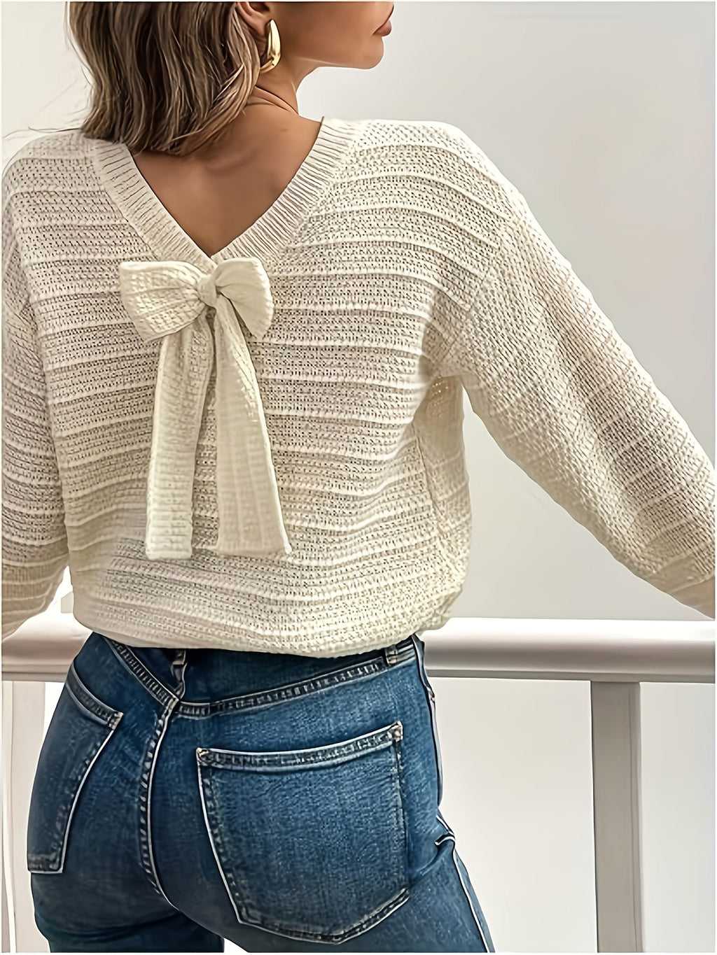 Knit Sweater Women's Bow-Detail V-Neck Long Sleeve Jumper – Casual, Office, Autumn Layering Gift