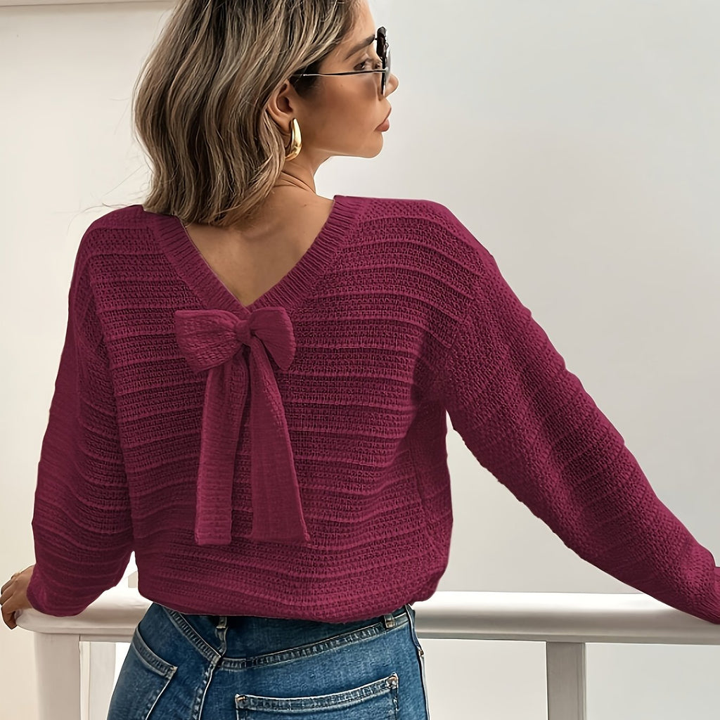 Knit Sweater Women's Bow-Detail V-Neck Long Sleeve Jumper – Casual, Office, Autumn Layering Gift