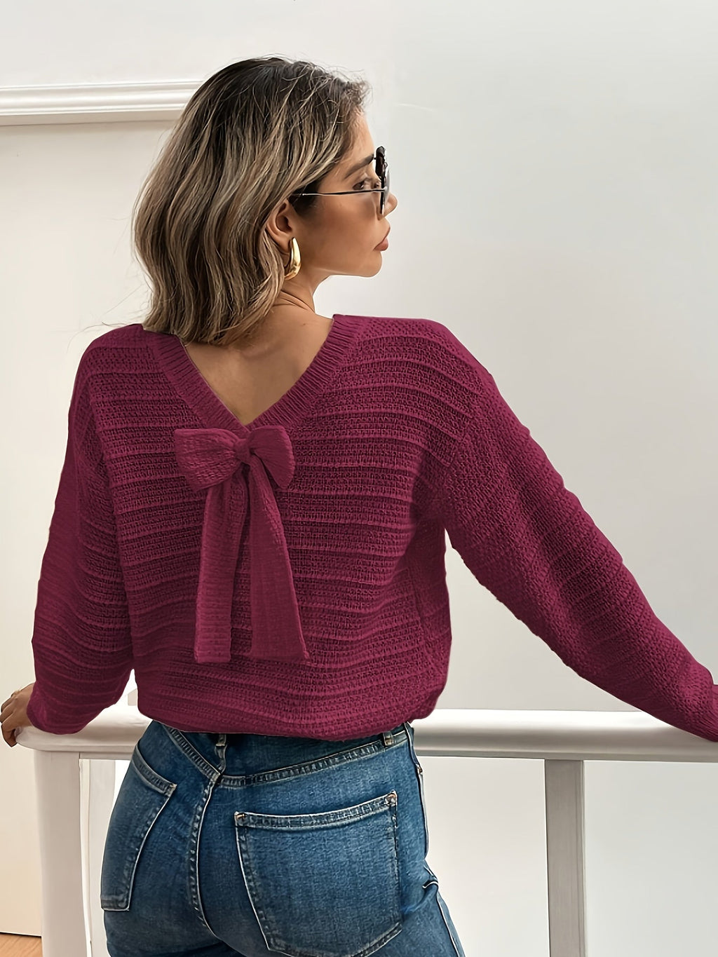 Knit Sweater Women's Bow-Detail V-Neck Long Sleeve Jumper – Casual, Office, Autumn Layering Gift